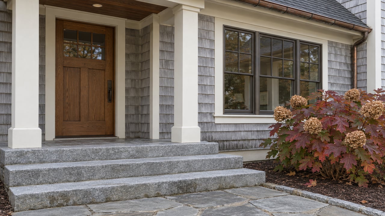 Weathered cedar-shingled home entry with an oak door, granite steps and burgundy oakleaf hydrangea beside the approach.