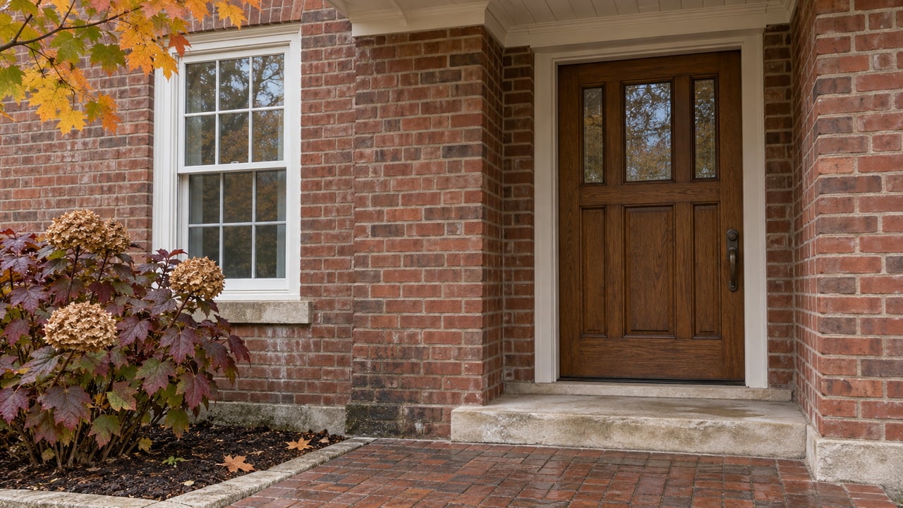 Red-brick home entrance with an oak door, white-trimmed sash window, burgundy hydrangea leaves, and fallen maple leaves.