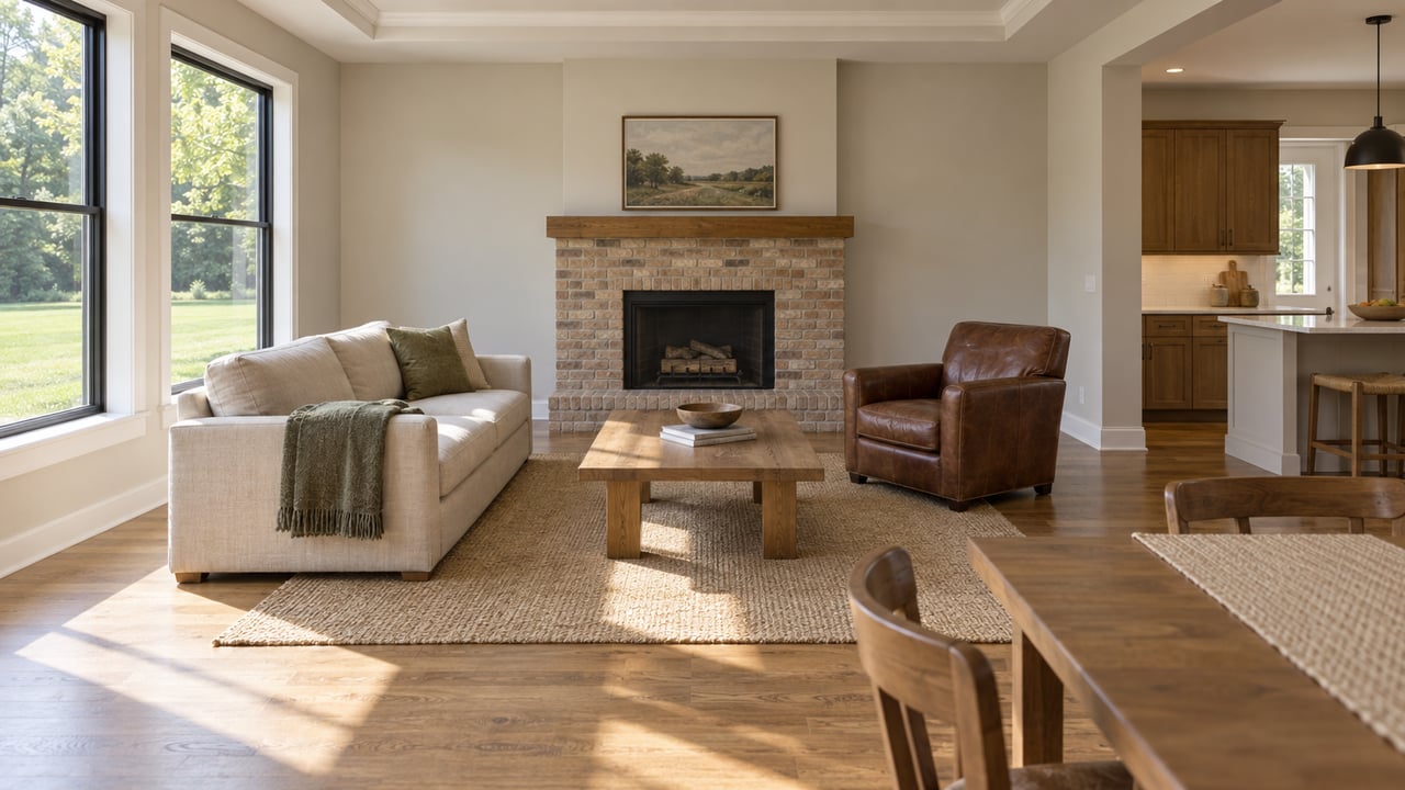 Family room with a brick fireplace, linen sofa, leather chair, and windows overlooking a deep lawn.