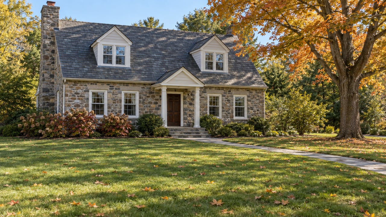 An established fieldstone home with slate roofing and white dormers across a broad autumn lawn, beside an amber sugar maple.