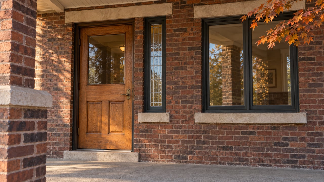 Sunlight crosses a brick bungalow porch with an aged oak entry, leaded sidelight and worn limestone trim.