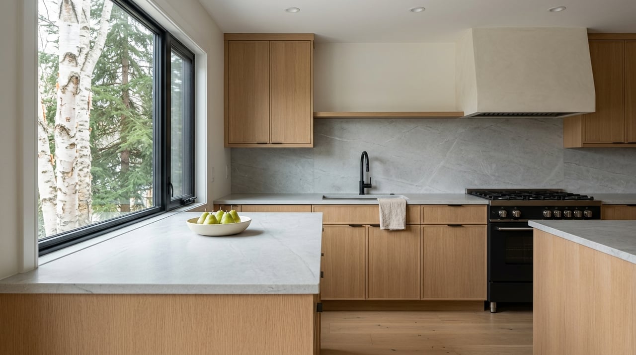 Renovated kitchen with white-oak cabinets, honed quartzite counters, and matte-black fixtures.