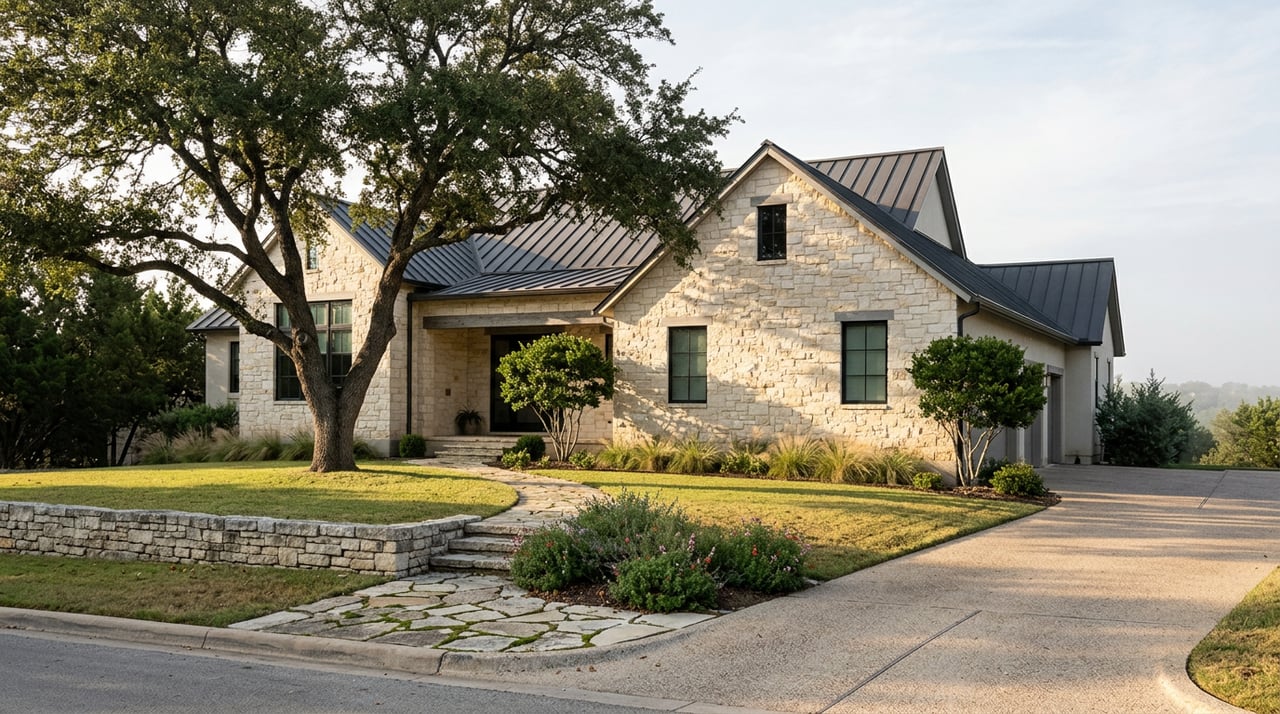 Limestone hillside home beneath a mature live oak, with cedar entry beam, flagstone path, and native grasses.
