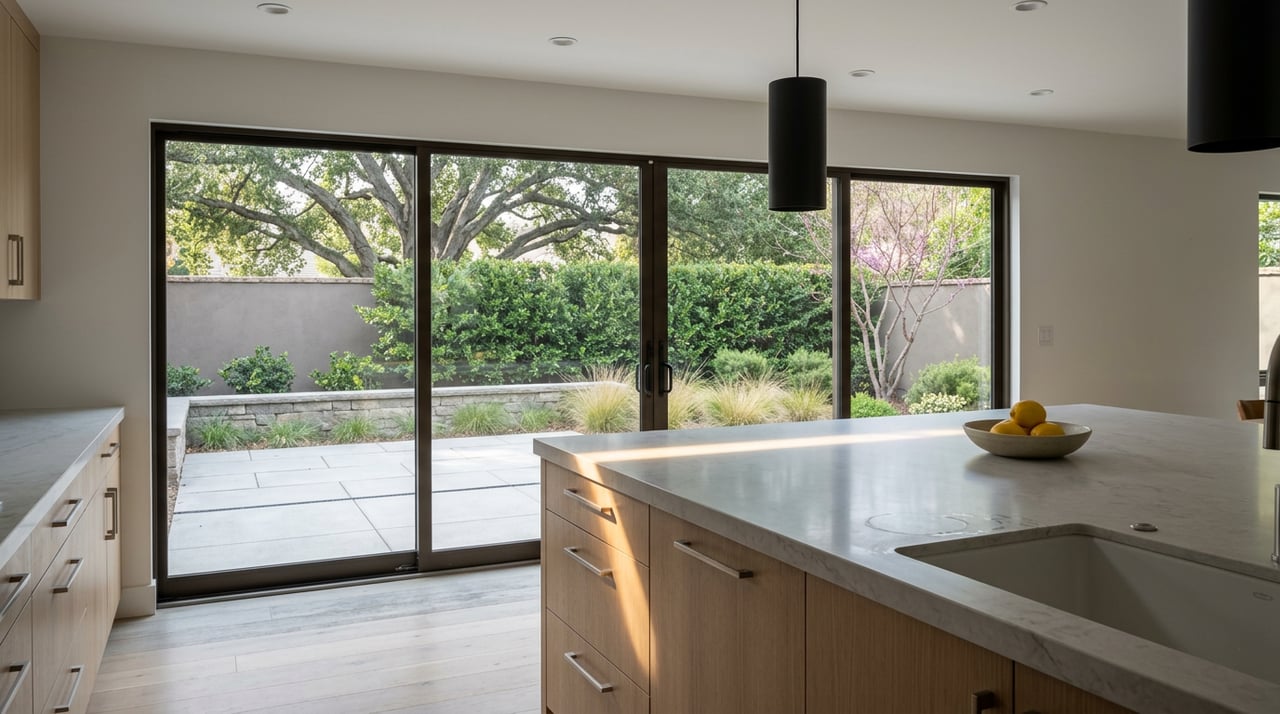 Kitchen island with pale quartz countertop and lemons, facing glass doors onto a tree-shaded patio.