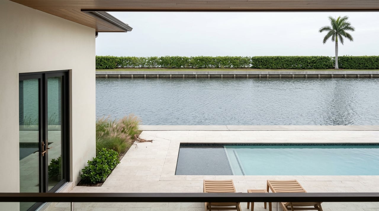 Waterfront terrace with a rectangular pool, pale stone seawall, calm canal, clipped hedge, and a royal palm.