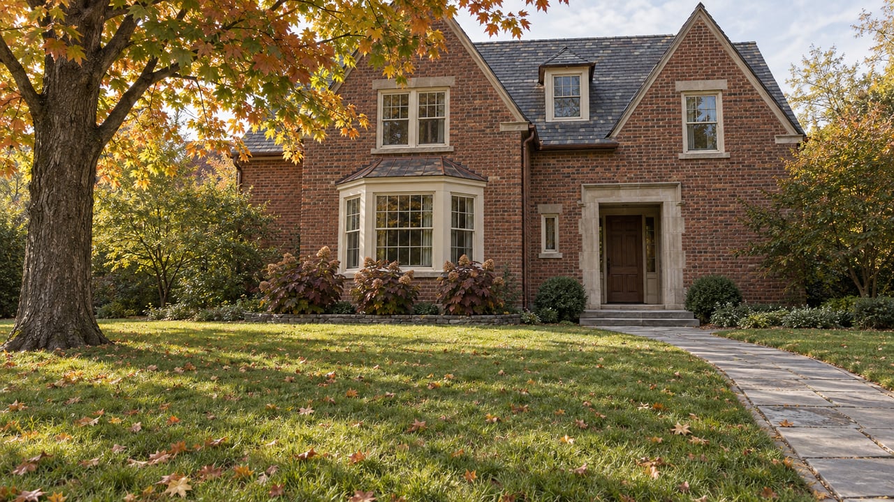 Gabled brick home with slate roofing, a stone entry walk and broad autumn lawn beneath a mature maple.
