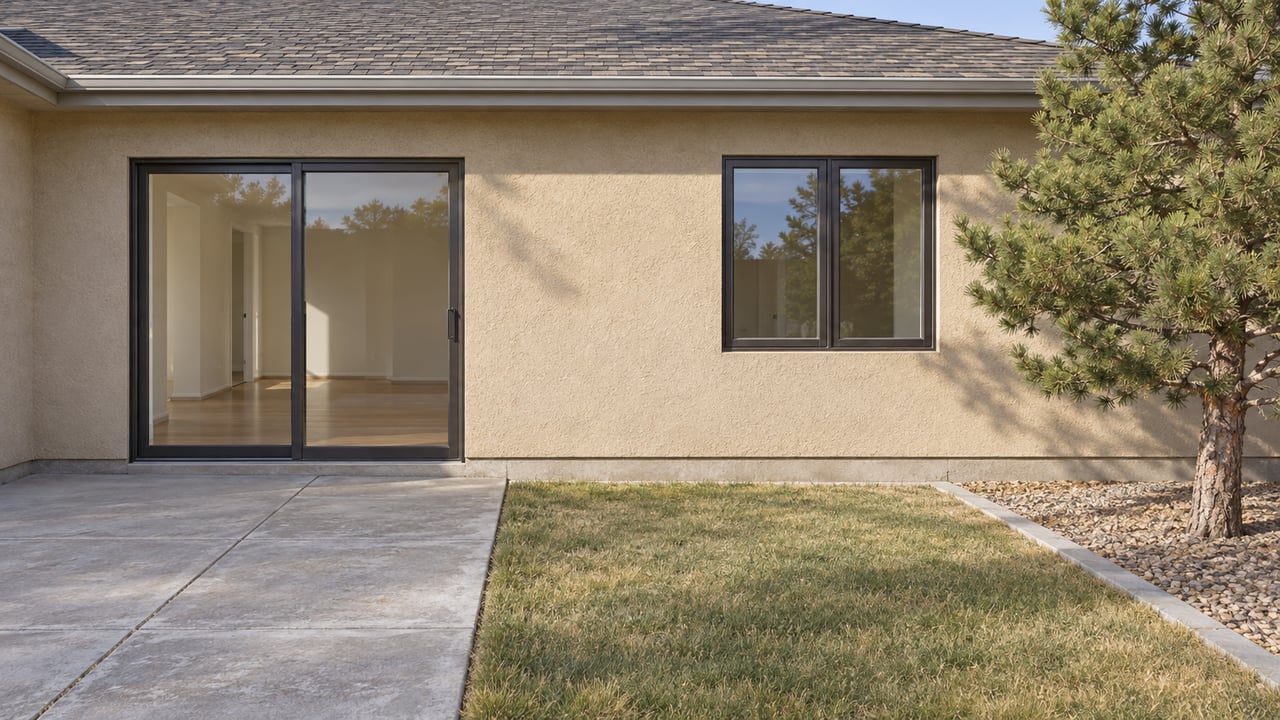 An updated single-story home's stucco rear elevation, closed glass doors, and concrete patio beside a dry-edged lawn and a sculptural pinyon pine.