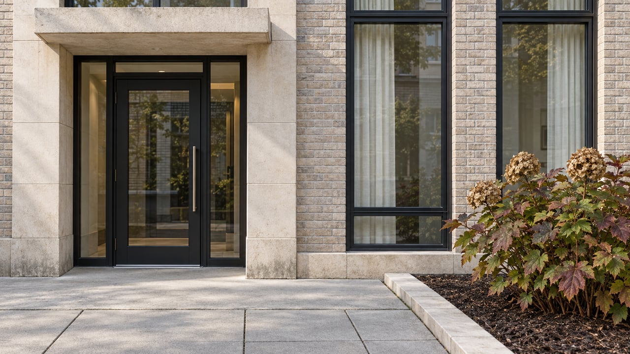 Pale brick condominium entrance with black-framed glazing, a limestone canopy, and autumn oakleaf hydrangea beside a paved approach.