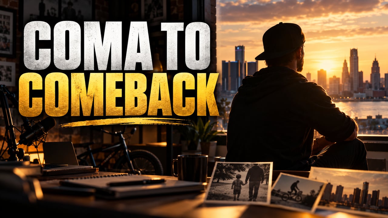Promotional graphic reading “COMA TO COMEBACK,” with a seated man facing a city skyline at sunset.