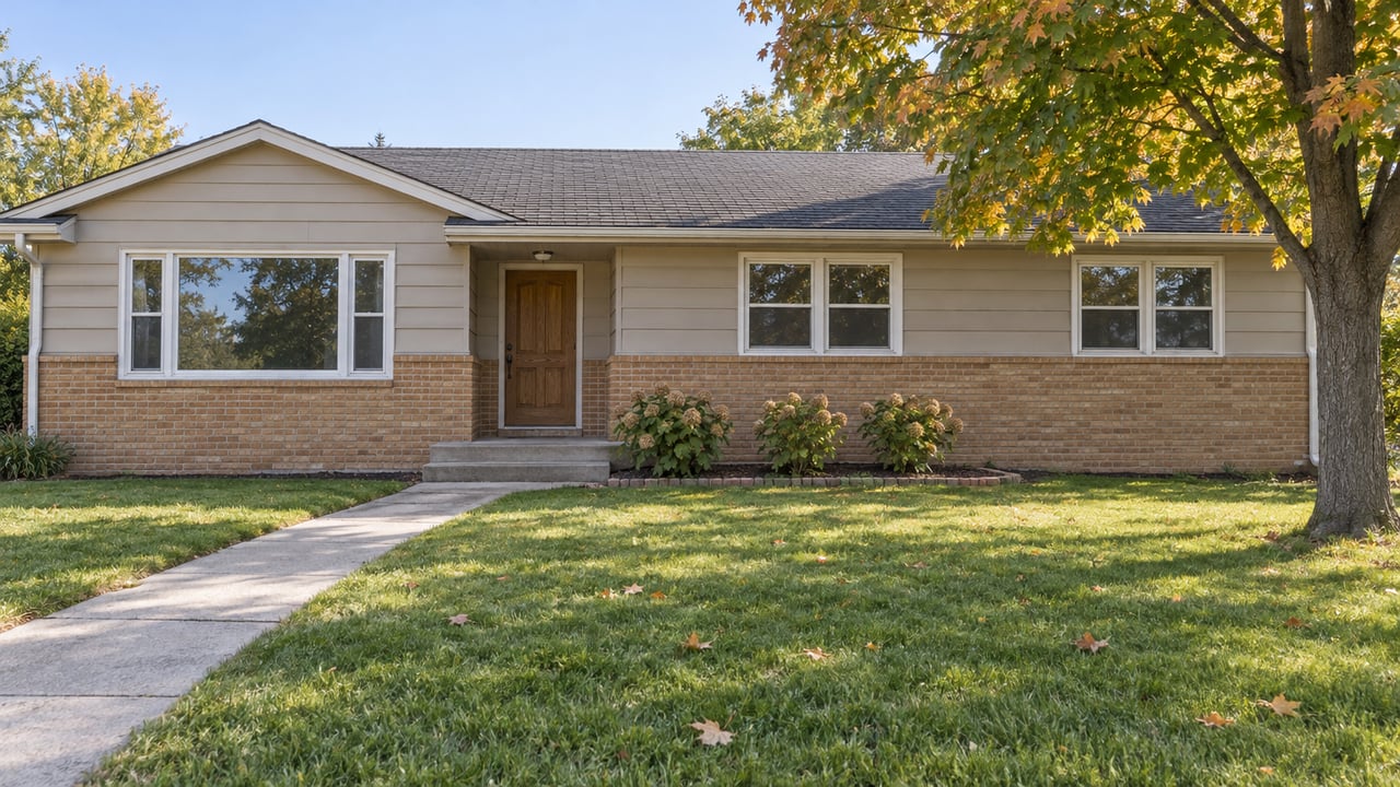 An established brick-and-taupe ranch home with a deep green lawn, concrete entry path, and a mature maple turning amber.