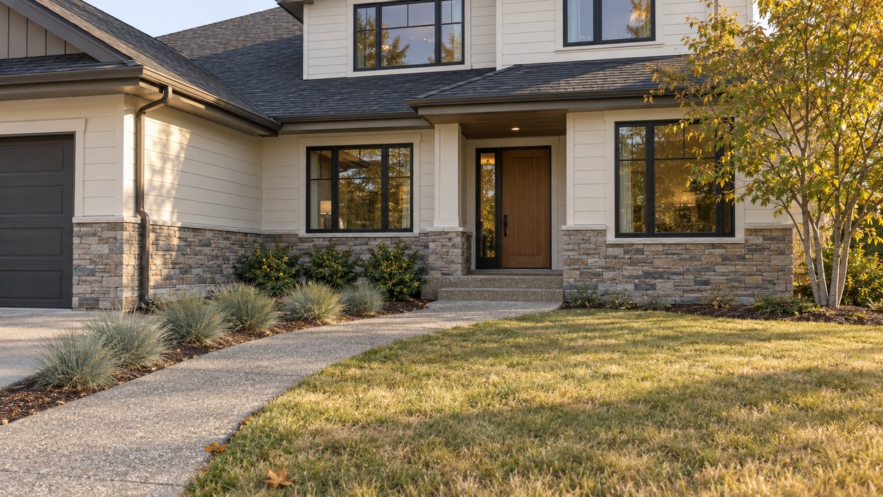 Three-quarter view of a white craftsman home with charcoal gables, stone base, and a broad walk through tawny lawn.