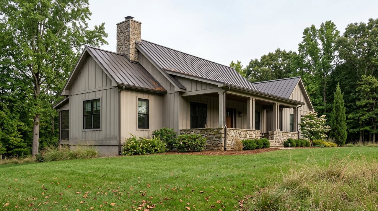 Warm gray farmhouse with a deep fieldstone porch, standing-seam roof, and broad lawn bordered by hardwood trees.