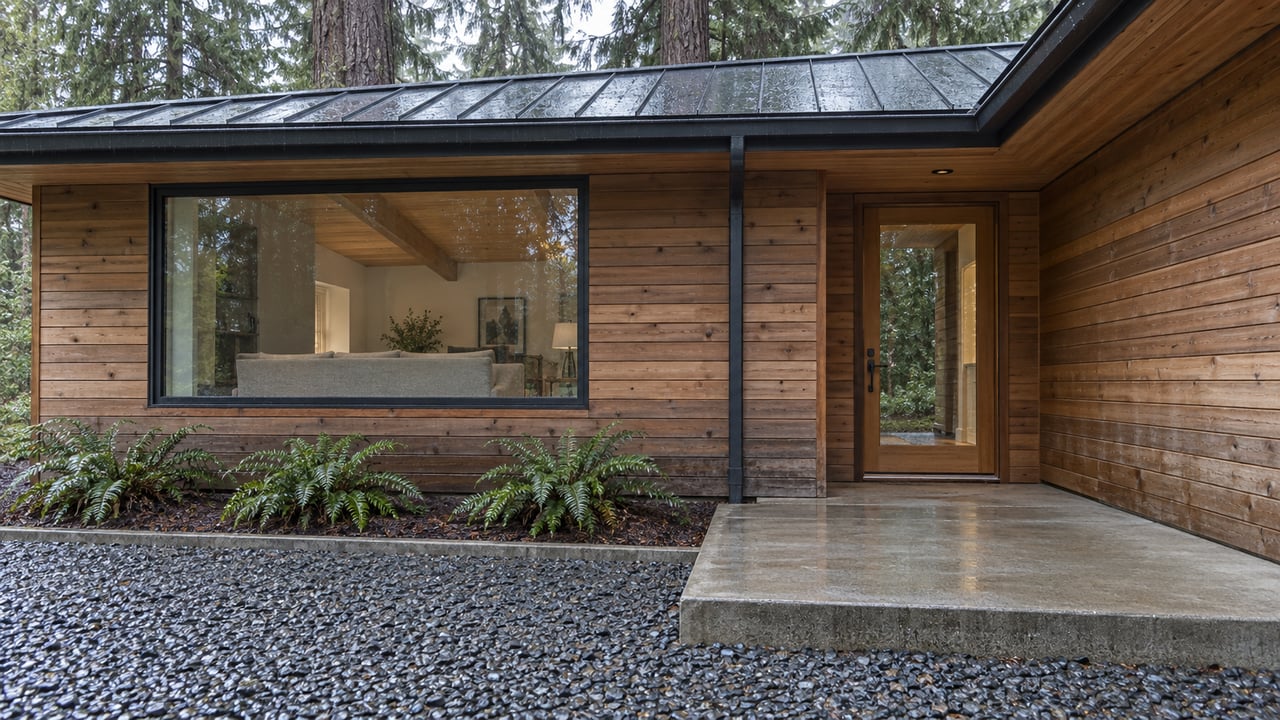 Cedar-clad house with an enclosed glazed living room and sheltered entrance beside mature conifers and sword ferns after rain.