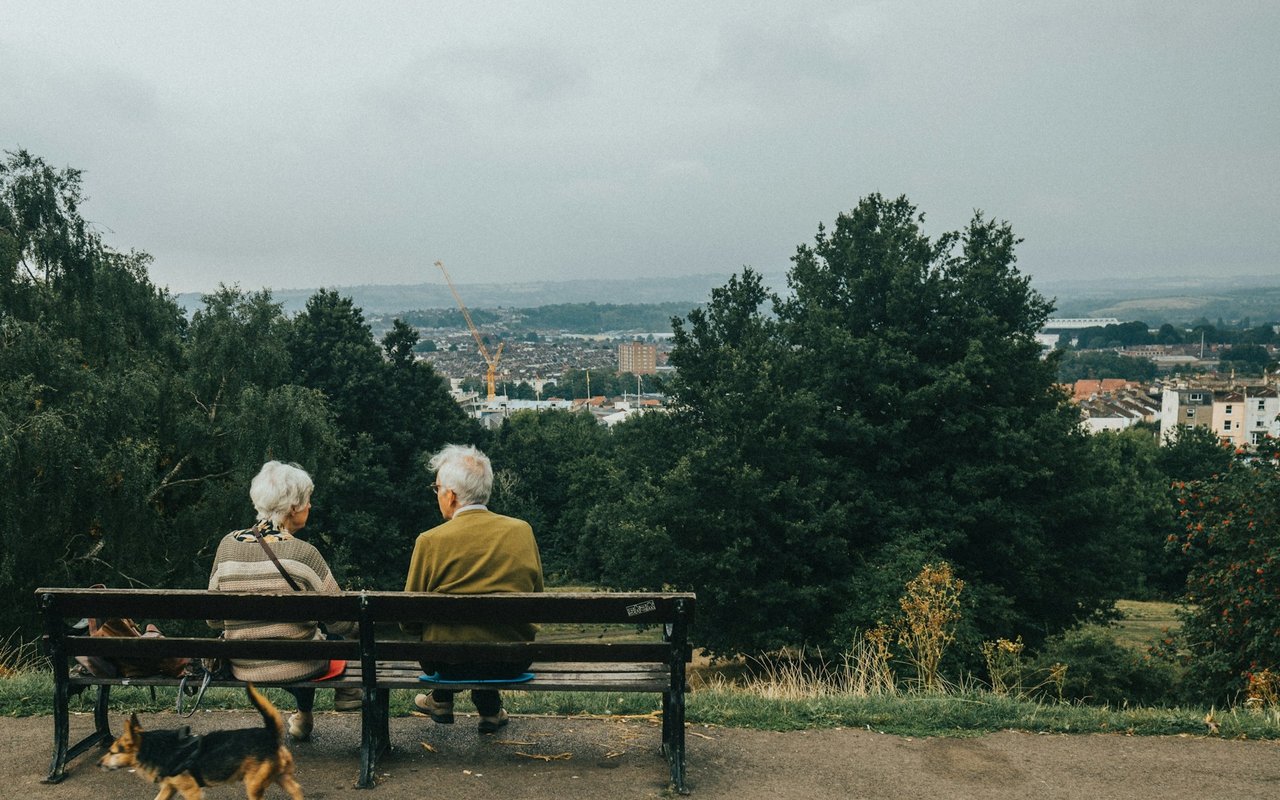 Older couple with a small dog sits on a bench overlooking a tree-lined town.