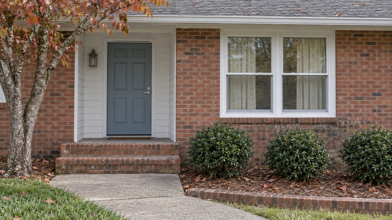 Close view of a brick ranch entrance with a blue-gray door, white trim, brick steps and autumn dogwood foliage.