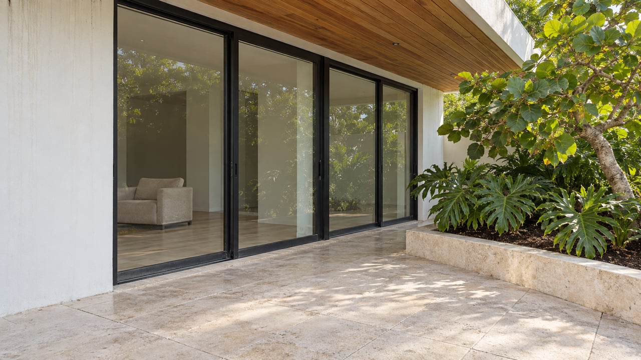 Sunlit limestone terrace beneath a teak soffit, with closed black-framed glass doors and a raised bed of sea grape and split-leaf plants.