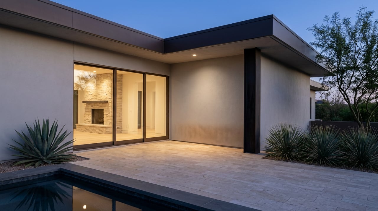 Stone terrace and still spa edge face a glass-walled room glowing warmly at dusk, framed by agave and desert trees.