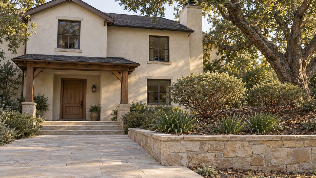 Ivory stucco home with a dark gabled roof, sandstone entry steps and a raised garden beneath a mature oak.