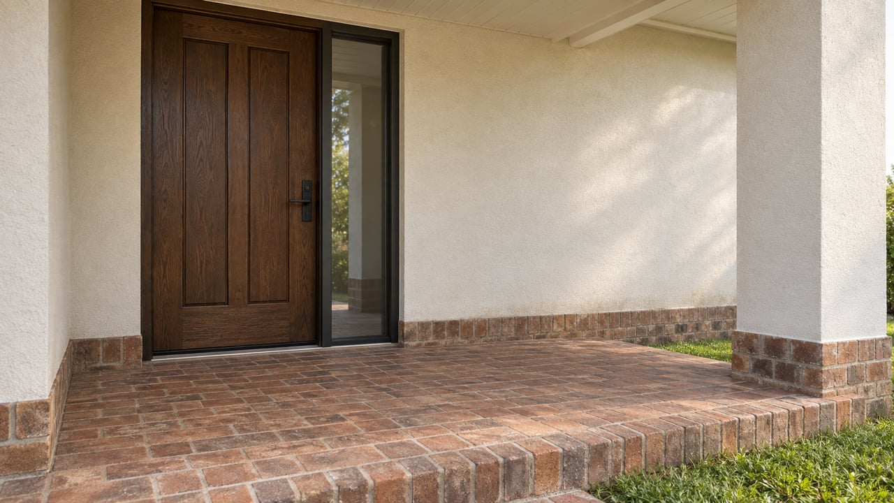 Covered home entrance with a dark oak door, narrow glass sidelight, cream stucco and a weathered brick porch above a small lawn edge.