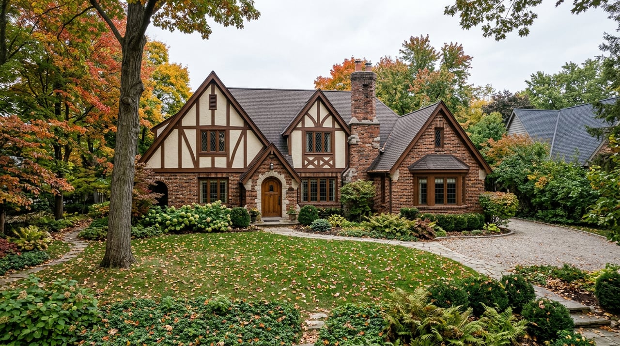 Brick Tudor home with a stone-arched green doorway, set behind a broad lawn, pin oak, and Japanese maple.
