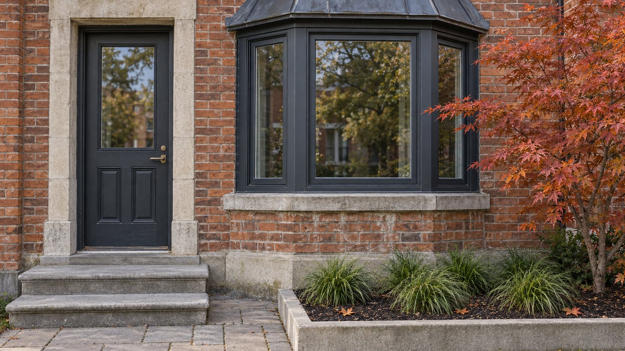 Red-brick home with a charcoal door, enclosed bay windows, worn limestone steps and a small autumn maple in a raised planting bed.