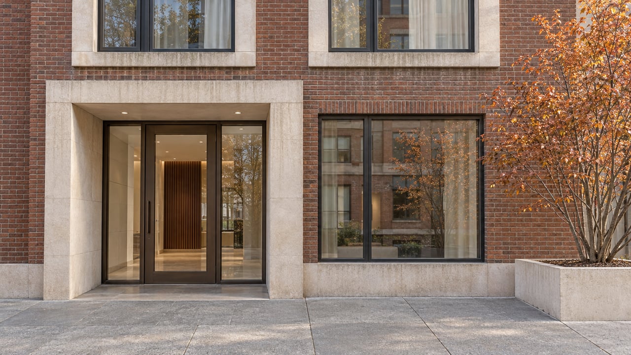 Brick condominium facade with limestone detailing, a glazed bronze-framed entrance and an autumn serviceberry in a stone planter.