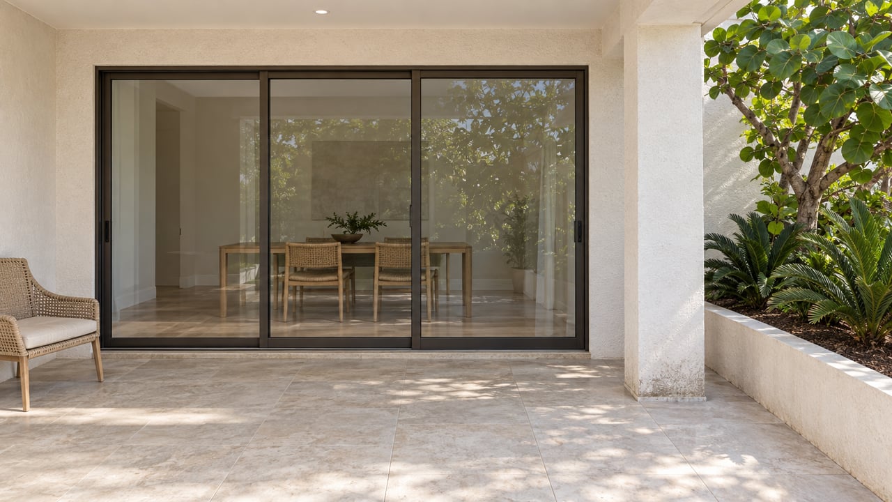 Covered patio with pale tile, warm-white stucco, bronze-framed sliding glass doors and a sculptural sea grape tree beside a raised garden edge.