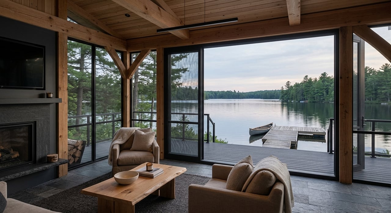 Screened lakeside room with ipe floor, two linen chairs, and a cedar dock beside gray granite.