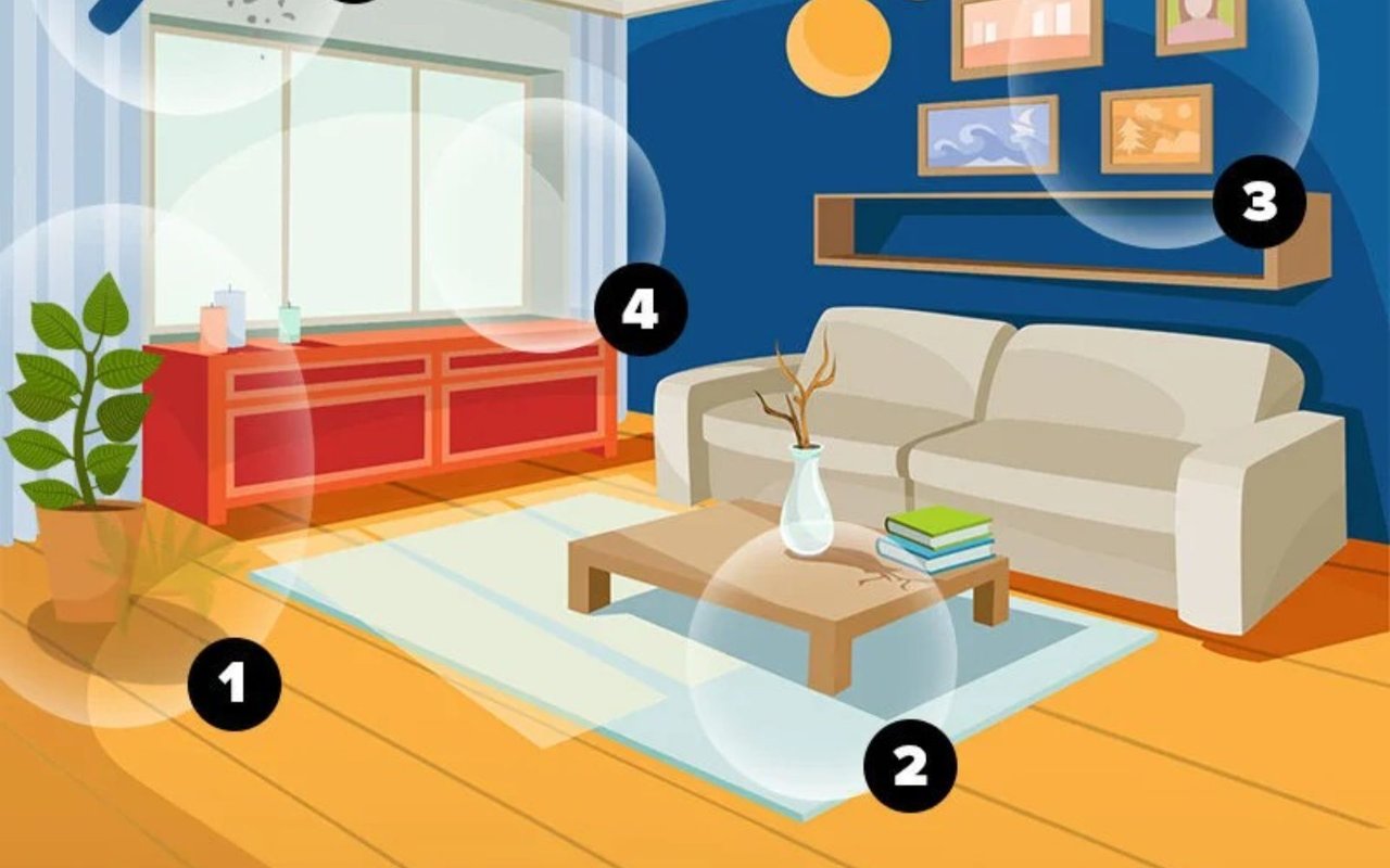 Illustrated living room with four numbered markers highlighting its furnishings and decor.