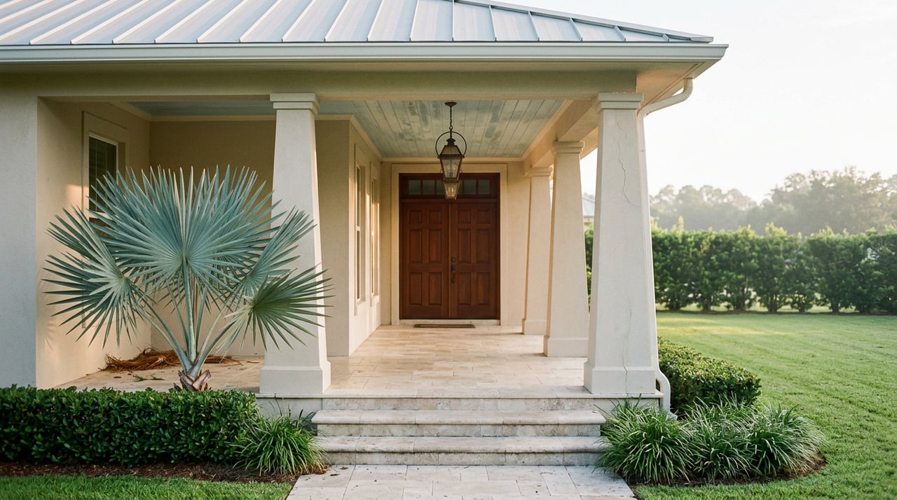 Covered stucco porch with blue beadboard ceiling, mahogany double doors, stone steps, and a silvery-blue palm.