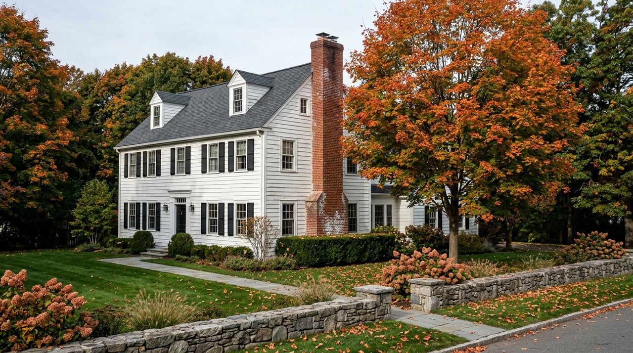 White Colonial-Georgian home with black shutters, a central brick chimney, and an orange-red maple in the lawn.