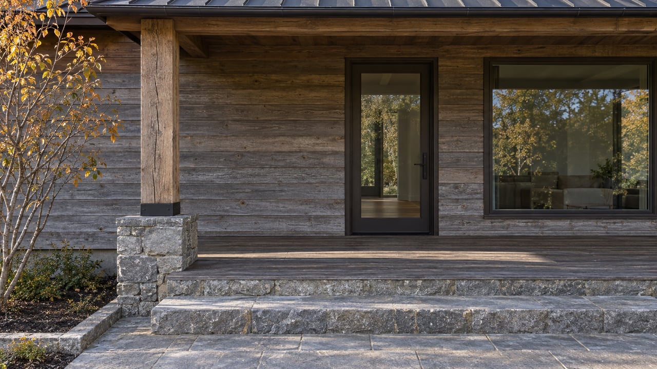 Weathered timber porch with a glazed entry, gray stone steps and ochre serviceberry leaves in autumn light.