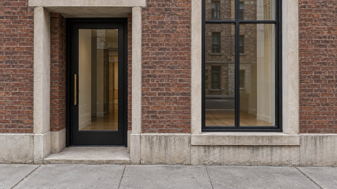 Weathered reddish-brown brick and limestone frame a recessed glass residential entrance beside a tall black-framed window.