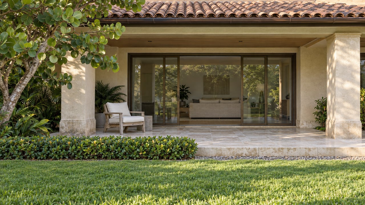 Morning light on a sand-stucco home with a clay-tile roof, limestone terrace, teak chair and manicured tropical planting.