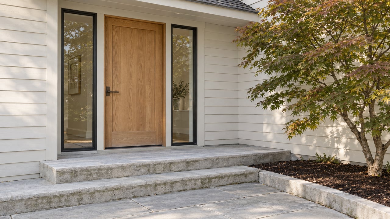 An oak front door and paired glass sidelights beneath an ivory-sided overhang, with limestone steps and a small Japanese maple beside the entry.