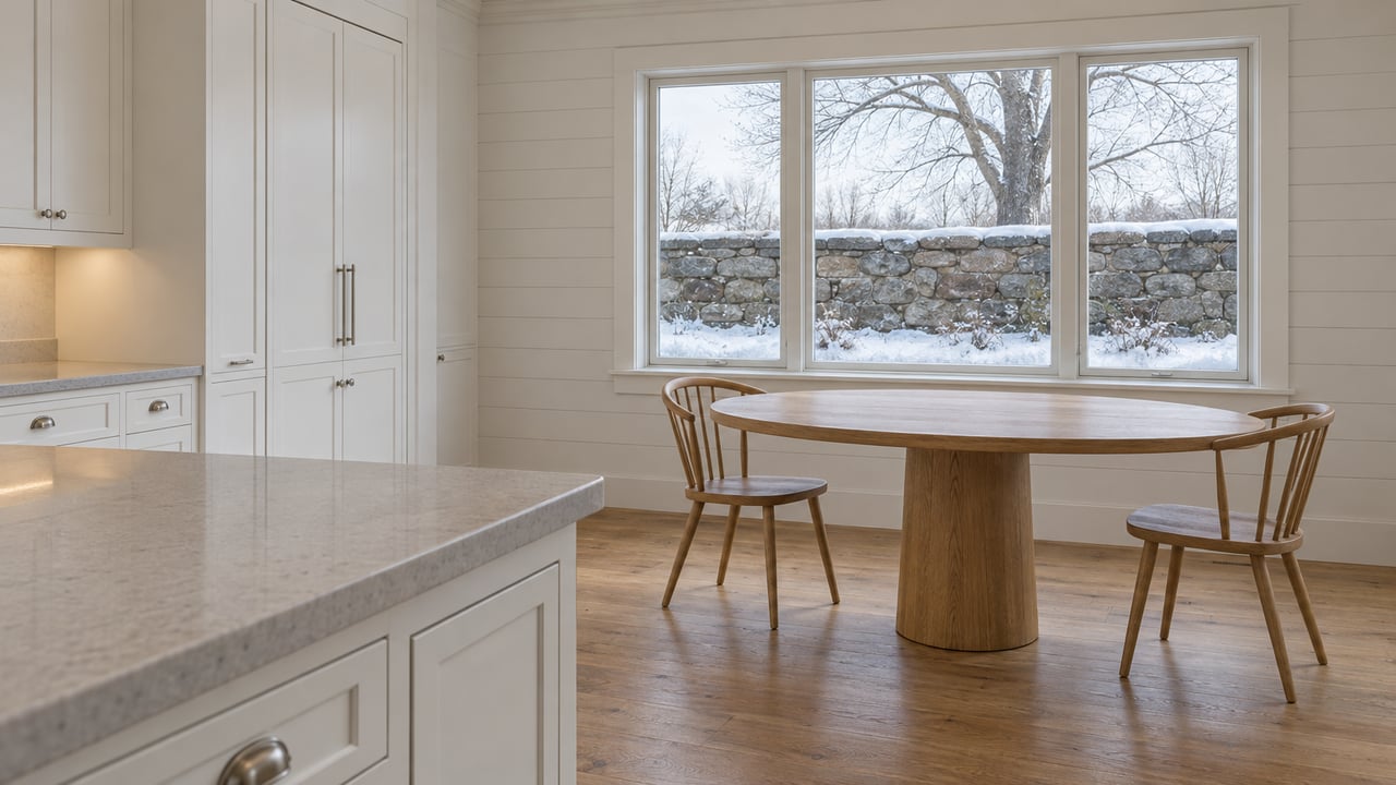 White cottage kitchen with a quartz island, oak dining furniture and a broad window overlooking snow on a stone garden wall.