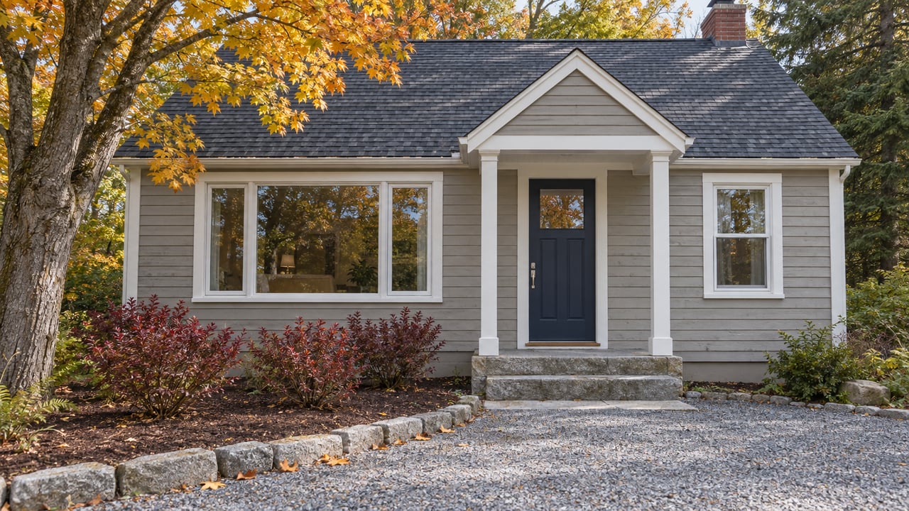 Gray clapboard cottage with a navy entry door, granite steps and autumn foliage beside a gravel approach.