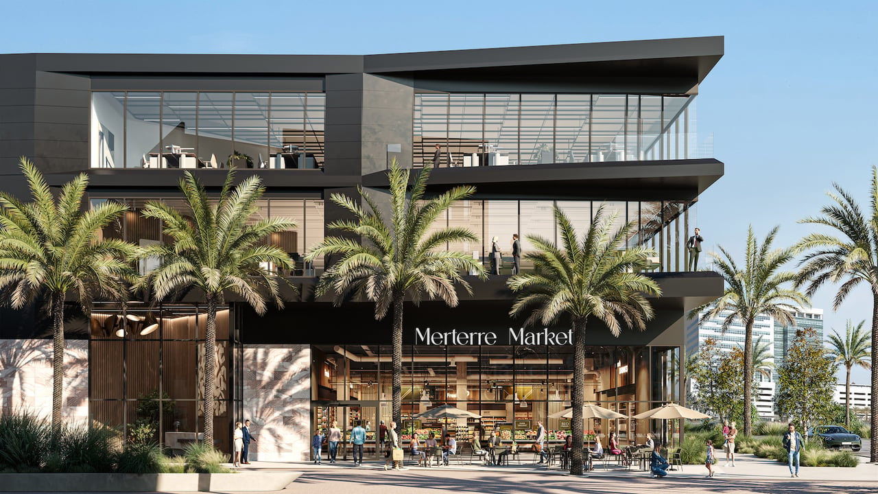 Cello Tower development with glass-fronted floors, palm trees, and Merterre Market at street level.