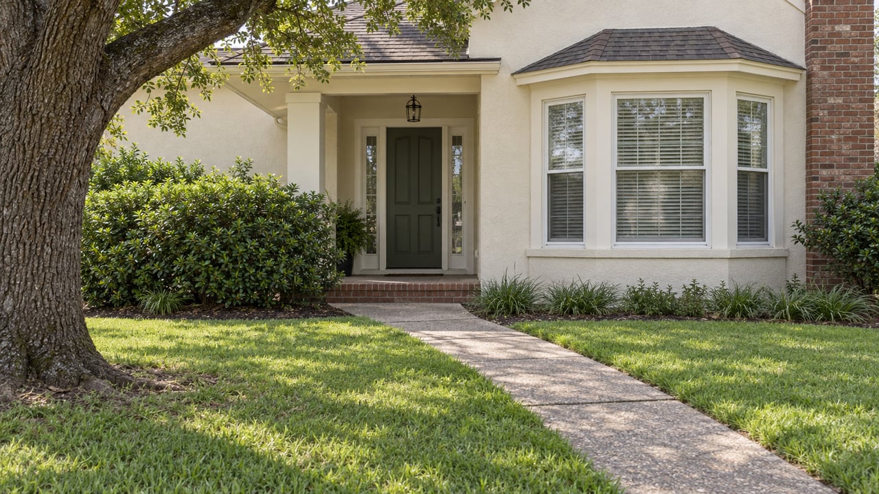 Ivory stucco home with a green front door, bay window, brick chimney, and concrete walk across the lawn.