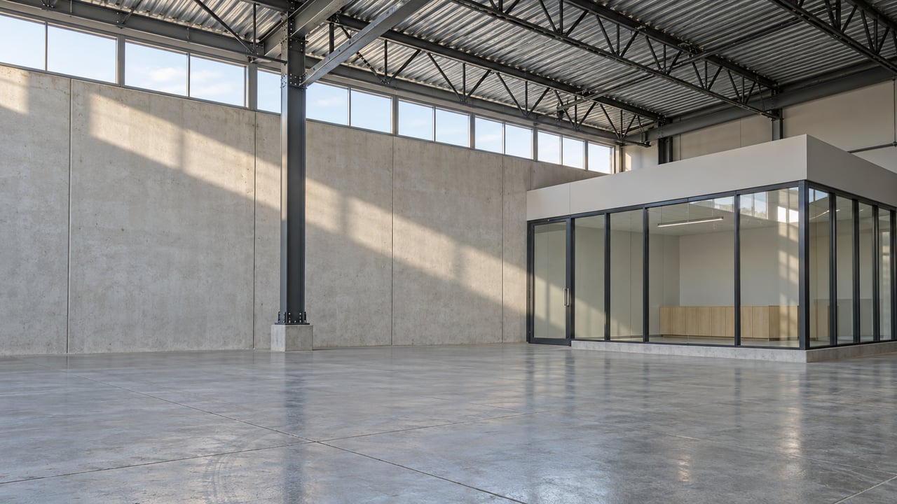 Exposed steel warehouse framing above a worn polished concrete floor and an enclosed glass office.