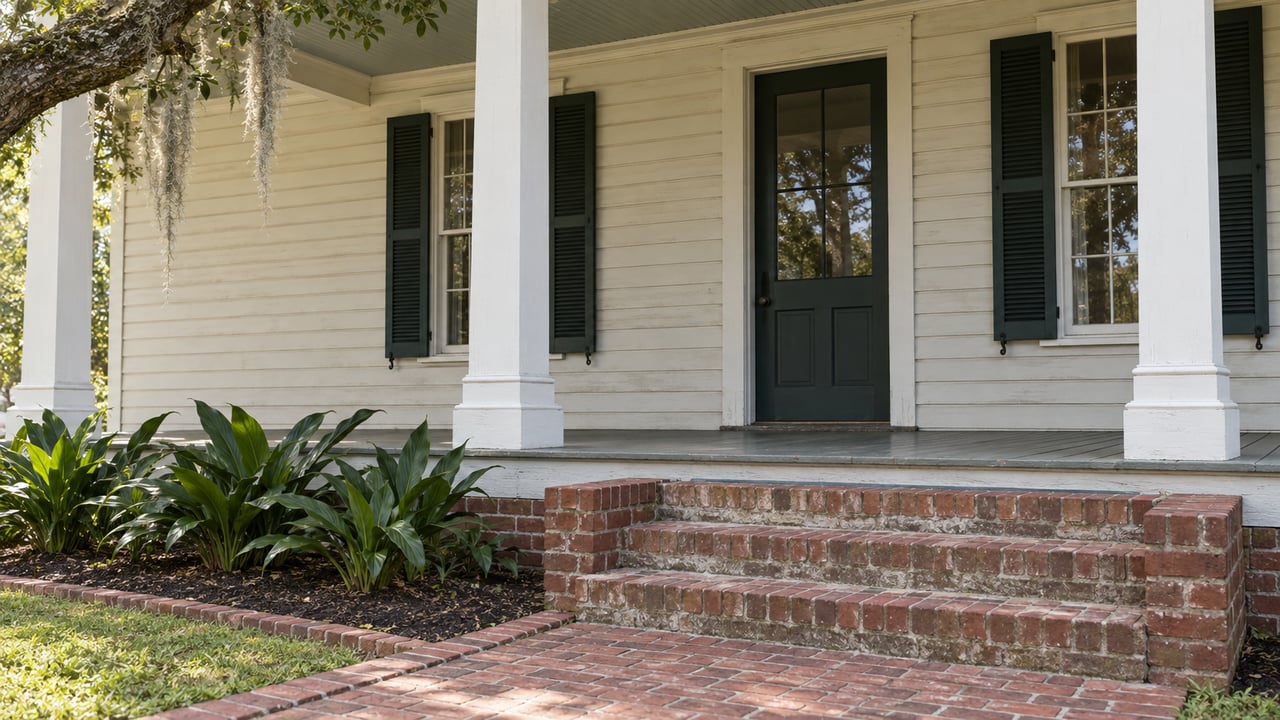 Ivory clapboard home with a raised timber porch, green shutters, and worn brick steps beside a live oak and cast-iron plants.
