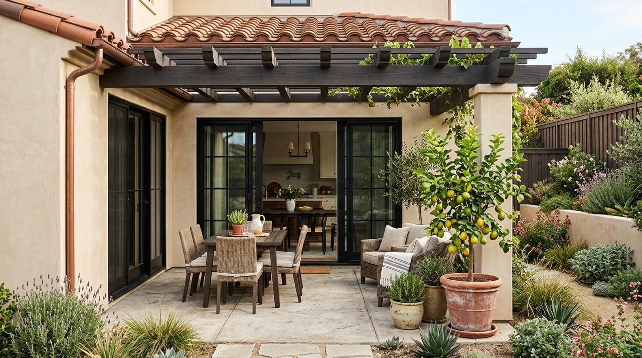 Ivory stucco patio with black-framed sliding doors, pavers, and a potted lemon tree beside an olive tree.