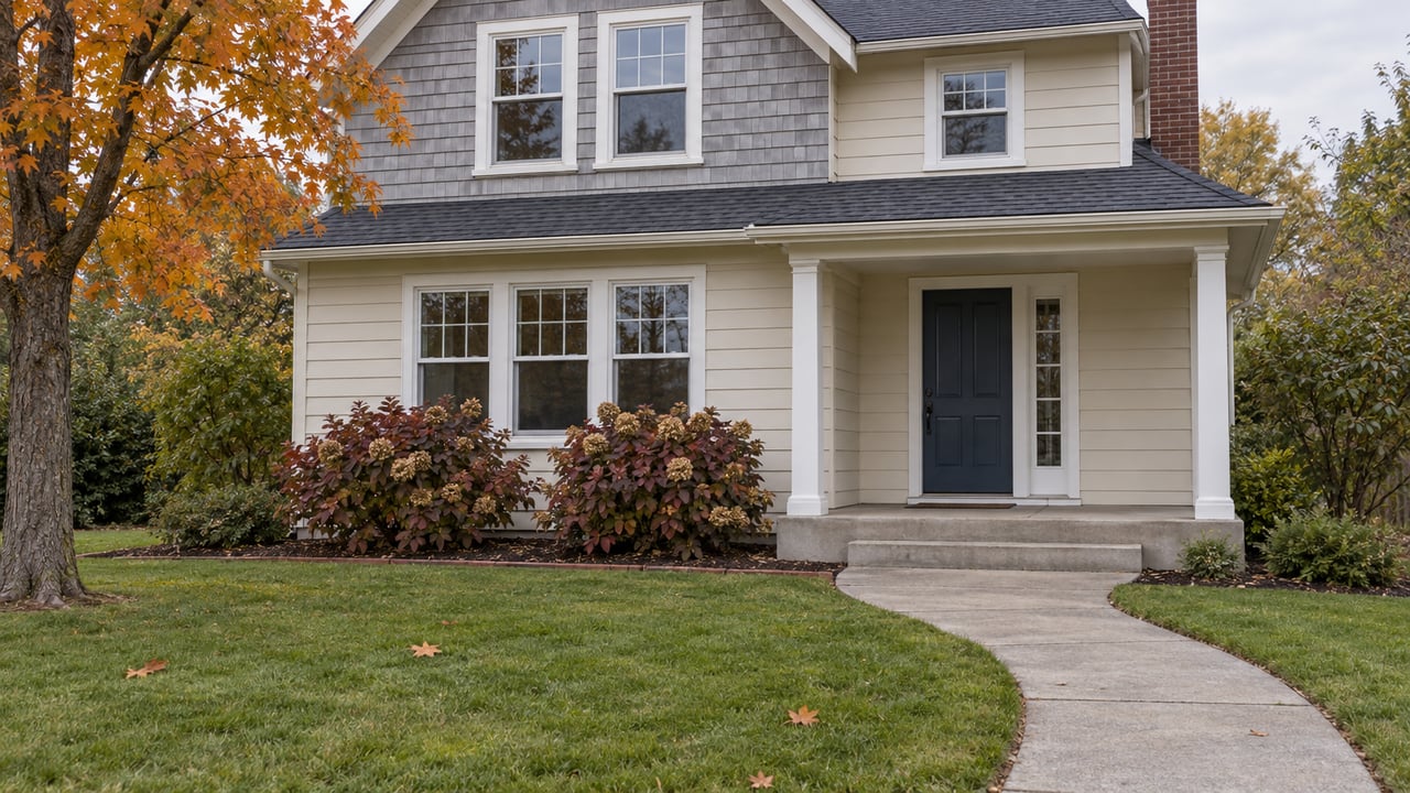 Cream-sided gabled home with a blue front door, curved concrete walk, and autumn foliage under bright overcast light.