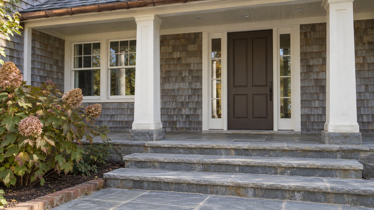 A covered shingle-house entry with bluestone steps, ivory columns, a bronze door and an autumn oakleaf hydrangea.