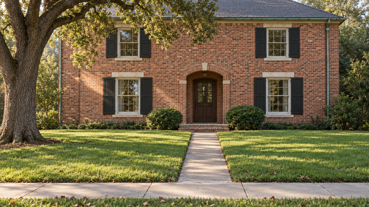 Two-story red-brick house set behind a broad lawn, with a straight walk, mature oak, and brick stoop.