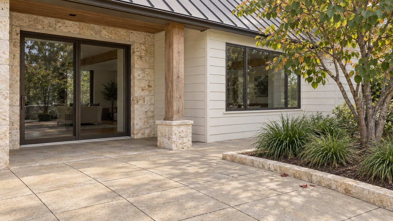 Modern home's stone patio with sliding glass doors and a landscaped garden.