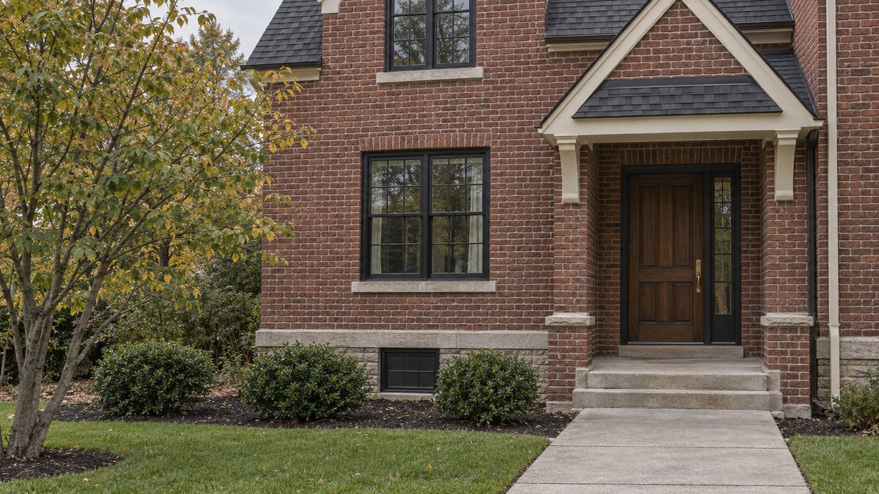 Red-brick two-story house with cream trim, recessed entry, mature serviceberry, and a long concrete walkway.