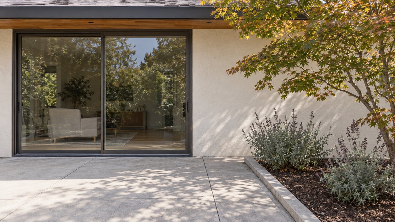 Cream stucco house with cedar soffit, closed bronze-framed sliding doors, and a concrete terrace beside a Japanese maple and Cleveland sage.