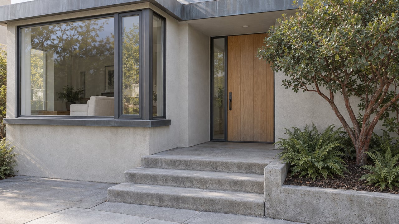 Close view of a stucco home with a glazed bay, recessed oak entry, worn concrete steps and sculptural manzanita planting.