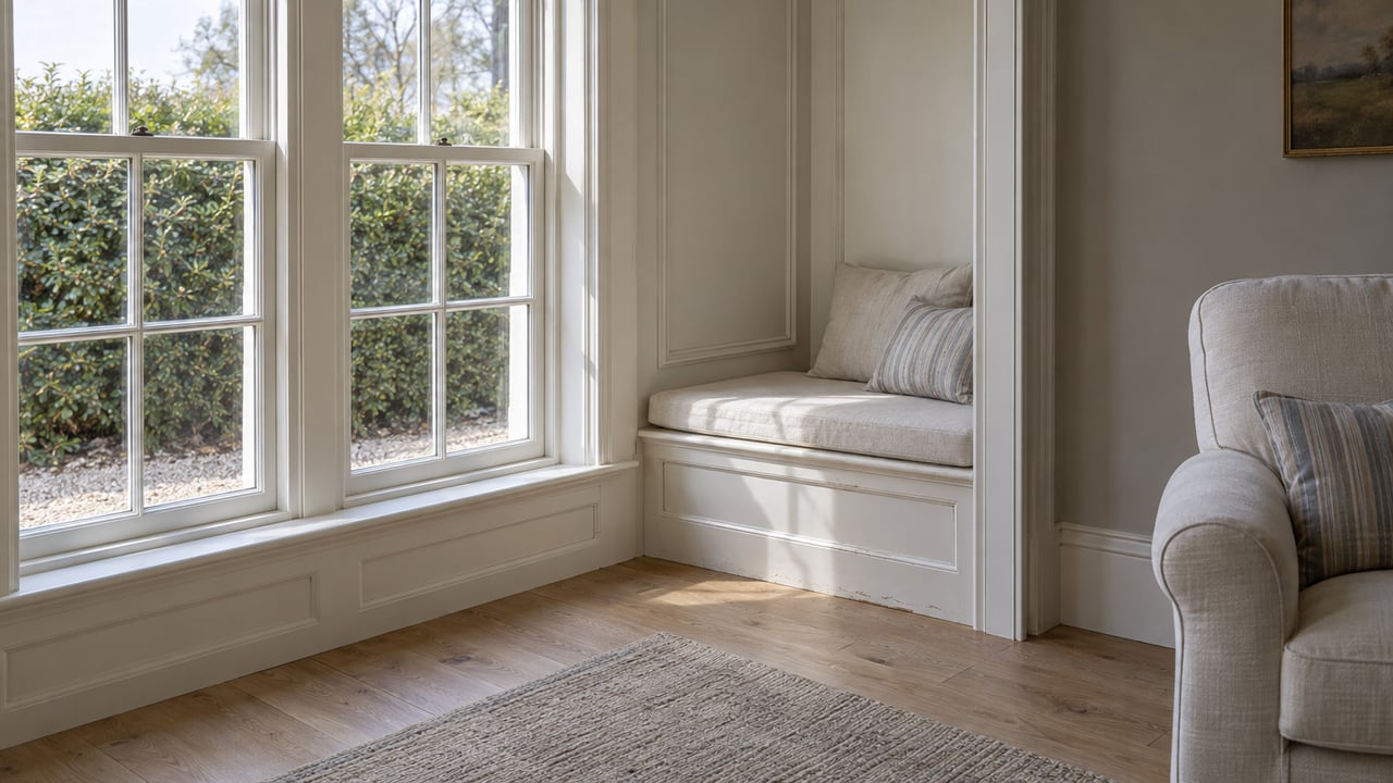 White double-hung windows above a built-in window seat, with a clipped hedge visible outside.